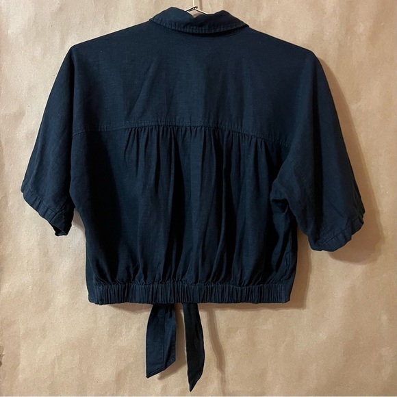 Urban Outfitters | BDG Linen Jena Tie-Front Blouse Button Crop Top Black Size XS - Picture 9 of 12